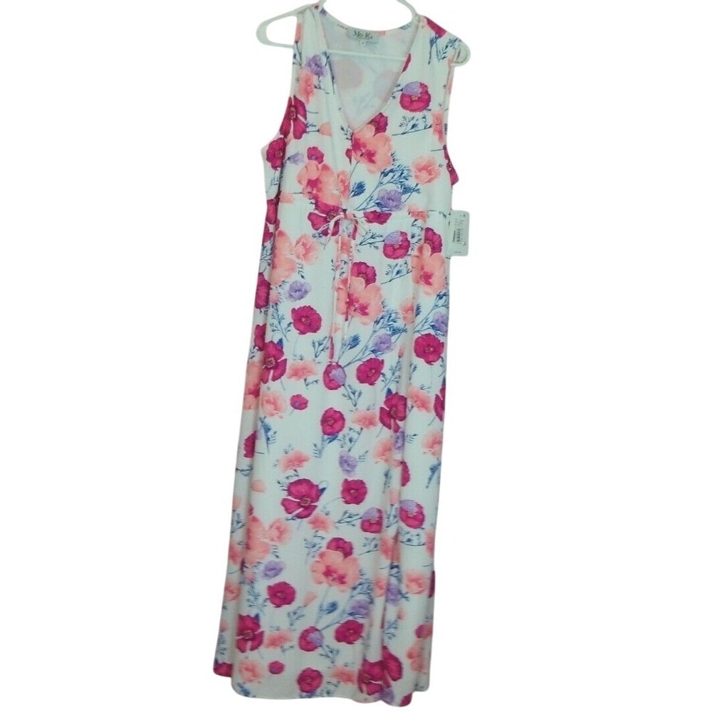 Mo-Ka Women White Floral Poppy Print Sleeveless V-Neck Maxi Dress‎ Size M New